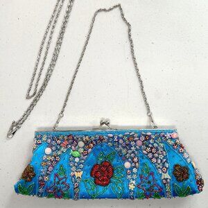 Teal Floral Beaded Satin Bag Kiss Lock Multi-Chain Purse Clutch
